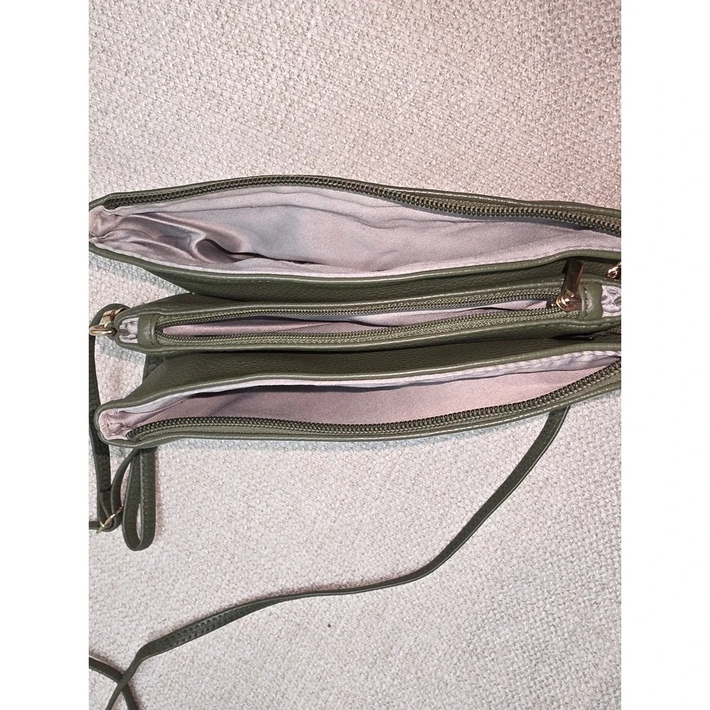 Olive Green Pebbled Triple Zip Crossbody Wristlet Bag Gold Hardware